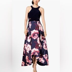 Xscape Navy Pink Floral Halter High-Low Gown Formal Dress Size 12 With Pockets